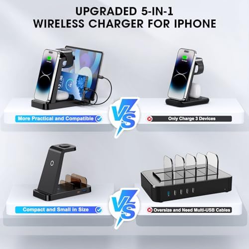 Revolutionize Your Charging Routine with the 5-in-1 Wireless Charging Station for i Phone – Fast, Efficient Dock for i Phone 16, 15, 14, 13, 12 Pro Max, Apple Watch, and Air Pods – Enhanced Compatibility, Intelligent Power Delivery, and Sleek Design for Clutter-Free Convenience