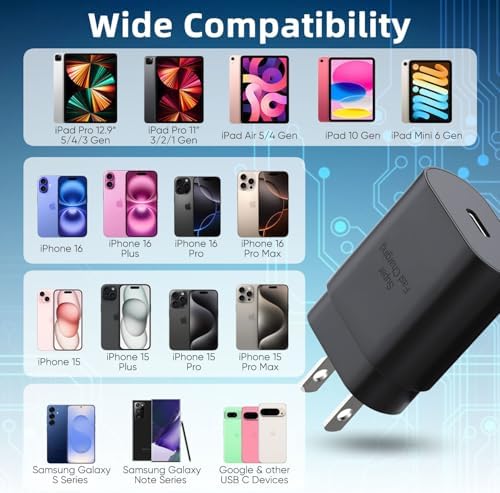 30 W Ultra-Fast USB-C Charger with 6.6 FT Cable for i Phone 16/15 & Galaxy S Series – High-Speed Charging with Safety Features for All Devices – Compact & Portable Power Adapter for On-the-Go Use