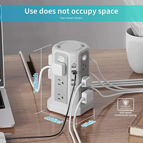 Maximize Power Distribution with the PASSUS Surge Protector Tower – 12 AC Outlets, 5 USB Ports Including 18 W USB C, 10 FT Extension Cord, Space-Saving Flat Plug, Overload Protection for Home and Office Use – Ideal for Multiple Devices and Rapid Charging Solutions