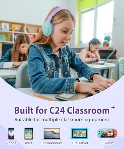 Rockpapa C24 Foldable Kids Headphones with Microphone – Lightweight Wired Audio Solution in Eye-Catching Purple & Green for School, Travel, and Play – Ideal for Young Listeners with Enhanced Compatibility and Superior Portability