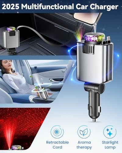 Transform Your Drive with a Multi-Port Retractable Car Charger & Air Freshener Diffuser – Fast USB-C Charging with Star Lights for i Phone & More – Ultimate Car Accessory for Enhanced Ambiance and Organization