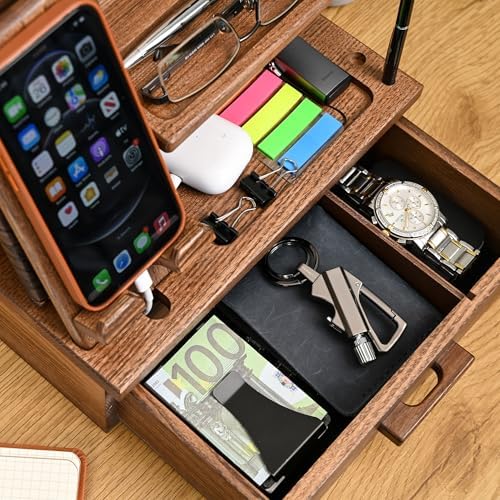 TESLYAR Wood Phone Docking Station with Drawer – Nightstand Organizer – Desk Organizer for Husband – Birthday Gifts for Men, Dad, Anniversary Idea, Key Holder Stand Watch & Accessories (Bourbon Brown) – Enhanced Compatibility and Speed