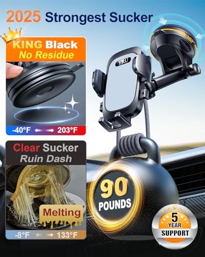 YRU 2025 Military-Grade 360° Rotatable Suction Car Phone Holder – Ultimate Dashboard & Windshield Mount for i Phone 16/15 Pro Max & Samsung – Unmatched 90+ LBS Capacity, Enhanced Compatibility & Easy Installation – Secure, Durable, and Versatile Universal Cradle for Safe Hands-Free Navigation