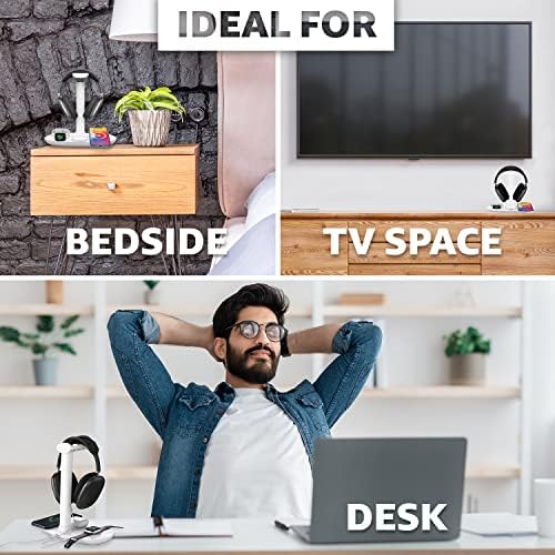 Sleek 4-in-1 Wireless Charging Headphone Stand – Universal Dock for i Phone, Apple Watch, Air Pods, and All Headphone Sizes – Fast Charging Hub for Samsung Galaxy, LG, Huawei – Elegant White Desk Organizer for Tech Enthusiasts