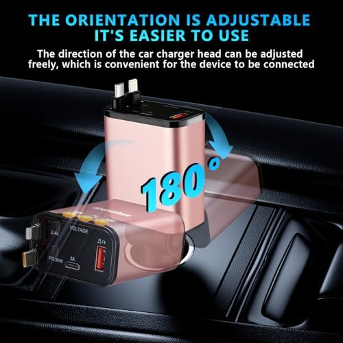 Revamp Your Drive with the 5-in-1 Retractable Car Charger: 60 W Fast Charging, Bluetooth 5.3 FM Transmitter, Hands-Free Calling & Integrated MP3 Player – Dual Retractable Cables & USB Ports for Ultimate Connectivity (Purple) – Elevate Your Mobile Experience on the Go!