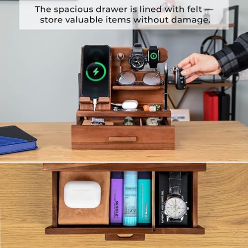 TESLYAR Wood Phone Docking Station with Drawer – Nightstand Organizer – Desk Organizer for Husband – Birthday Gifts for Men, Dad, Anniversary Idea, Key Holder Stand Watch & Accessories (Bourbon Brown) – Enhanced Compatibility and Speed