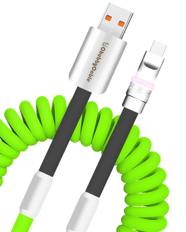 Neon Chubby Spiral Charge Cable – Vibrant 2.29-3.6 FT Type-C Coiled Charger for USB-C and Carplay Devices, Fast Sync and Charge, Tangle-Free Design in Bold Purple and Light Green, Perfect for Smartphones and Tablets