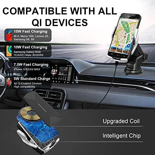 15 W Qi Wireless Car Charger Mount with Auto-Clamping Feature – Versatile Phone Holder for i Phone & Samsung, Long Arm Suction Cup for Dashboard, Windshield, and Air Vent – Effortless Hands-Free Charging for Ultimate Convenience