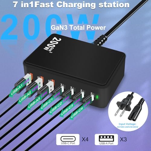 200 W Ga N 7-Port USB Fast Charger Hub – High-Speed Multi-Device Power Adapter for Mac Book, i Phone 15/16, DELL, and i Pads – Compact Charging Station with Smart Charging Technology for Enhanced Compatibility and Efficiency