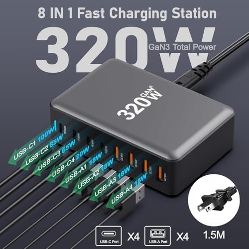 320 W Ga N 8-Port USB-C Charging Station – Ultra-Fast Multi-Device Power Hub for Laptops, i Phones, i Pads & Androids – Intelligent Power Management for Optimal Charging Efficiency – Travel-Friendly Compact Design for On-the-Go Users