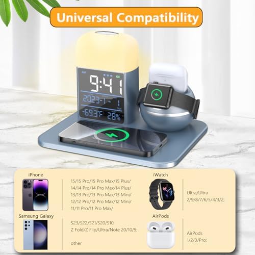 Ultimate 9-in-1 Wireless Charging Station with Integrated Alarm Clock and Night Light – Fast Qi-Certified Docking Solution for Apple Devices with 30 W Ga N Charger and USB Port – Stylish Blue Design for Clutter-Free Bedside Charging