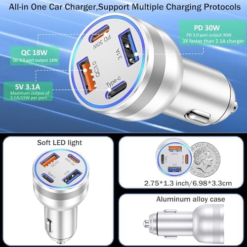 High-Powered 5-Pack USB C Car Charger – 4-Port 65 W Dual USB-C & USB-A Fast Charging Adapter for i Phone 16/15/14/13/12 Pro Max, Samsung Galaxy & i Pad – Ultimate Compatibility & Speed for On-the-Go Charging