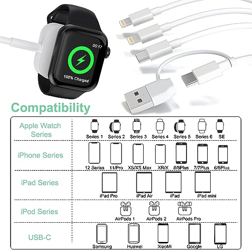 Ultimate 6-in-1 Travel USB C Charging Cable for Apple Devices – Fast Charge i Watch, i Phone, and i Pad with Versatile 3 M Type C & USB A Adapter Combo for Series 8, 7, 6, 5, 4, 3, 2, SE – Lightweight, Durable, and Perfect for On-the-Go Charging