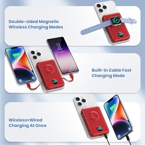Revolutionary Magnetic Portable Charger for i Phone – 6-in-1 Power Bank with 10,800 m Ah Capacity, Built-in Cables, Apple Watch Charger, and LCD Display – 25 W PD Fast Charging for i Phone 16/15/14/13/12 and Mag Safe Compatibility – Ultimate On-the-Go Charging Solution