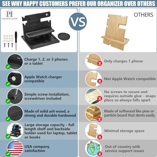 Premium Black Wood Multi-Device Docking Station – Sleek Nightstand Organizer with Hidden Drawer for Valuables, Ideal for Phones, Tablets, Apple Watch, Keys, and EDC Essentials – Streamlined Charging and Elegant Design for Home or Office