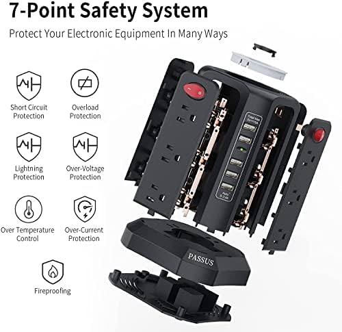 PASSUS Surge Protector Power Strip Tower with 12 AC Outlets and 5 High-Speed USB Ports – 10 FT Extension Cord with Overload Protection and Built-In Night Light for Home Office and Dorm Room – Sleek Black Design for Ultimate Charging Efficiency