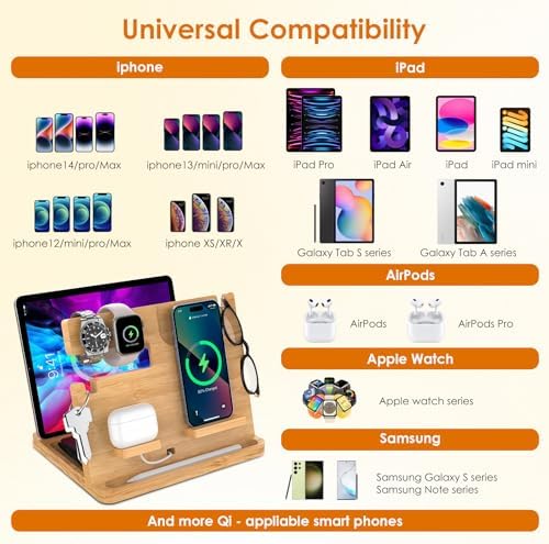 Eco-Friendly Bamboo Multi-Device Wireless Charging Station for i Phone, i Pad & Air Pods – Fast, Sleek, and Versatile Charger Stand for All i Phone Models 14/13/12/11 Pro Max/X/Xs Max/8, Air Pods Pro, & i Watch Series SE, 2-8 – Enhance Your Workspace with Sustainable Power Solutions