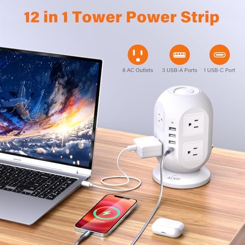 Compact Surge Protector Power Strip Tower with 8 AC Outlets & 4 Fast-Charging USB Ports (1 USB-C) – Aioy 10 FT Flat Plug Extension Cord for Organized Home & Office Use, Black – Ultimate Device Charging Solution for Efficiency and Safety