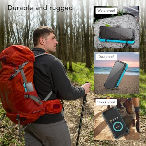 Ultimate Outdoor Solar Power Bank – 20,000 m Ah High-Capacity Charger with Integrated USB, Micro USB & Type-C Cables, Waterproof Design, 15 W Wireless Charging & 12 V Turbo Charge Technology (Blue) for Adventurers and Daily Users – Unmatched Durability & Versatile Compatibility