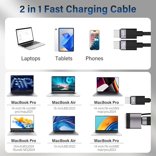 Adoreen 140W USB-C to Magnetic 3 Safe Fast-Charging Cable 6 Ft with 240W to USB-C Adapter, PD 3.1, LED Indicator, Braided Apple Magsafe Charger Accessories for Ipads, MacBook Pro & MacBook Air, Black – Enhanced Compatibility and Speed