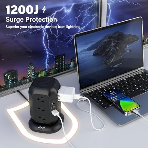 Ultimate Power Strip Tower with USB Ports – Ai Joy 12 AC Outlet Surge Protector and 4 USB Charging Station with 10 Ft Extension Cord, Overload Protection for Home, Office, and Dorm Use – Space-Saving Design for Enhanced Device Compatibility and Fast Charging