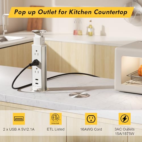 Elevate Your Charging Station with the Kungfuking Retractable Pop Up Outlet Socket – Versatile Power Hub Featuring 3 US Plugs & 2 USB Ports for Kitchen Counters, Conference Rooms, and Office Spaces, Sleek Black Design for Modern Aesthetics, Efficient Charging & Clutter-Free Organization