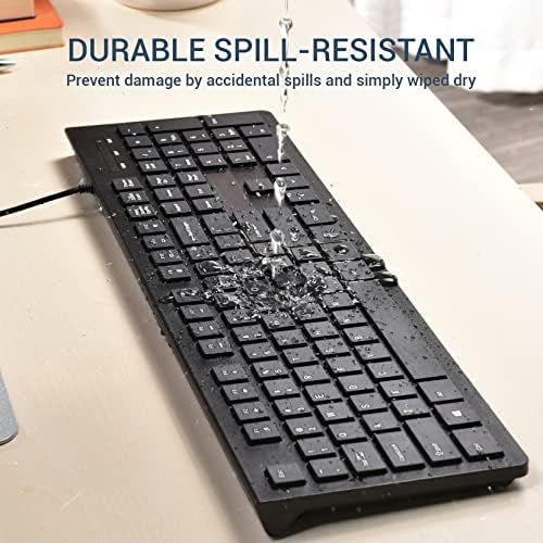 Upgrade Your Typing Experience with the Spill-Resistant USB Wired Keyboard – Low Profile Chiclet Keys, Large Number Pad, and Ergonomic Design for Enhanced Comfort and Speed – Perfect for Professionals and Home Users (Black)