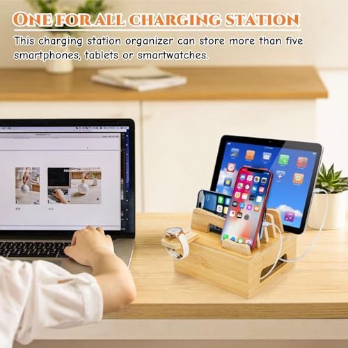 Eco-Friendly Bamboo Multi-Device Charging Station – Versatile Desktop Dock for Smartphones, Tablets, and Smartwatches with Customizable Dividers and Fast Charging Ports for Efficient Cable Management and Stylish Organization