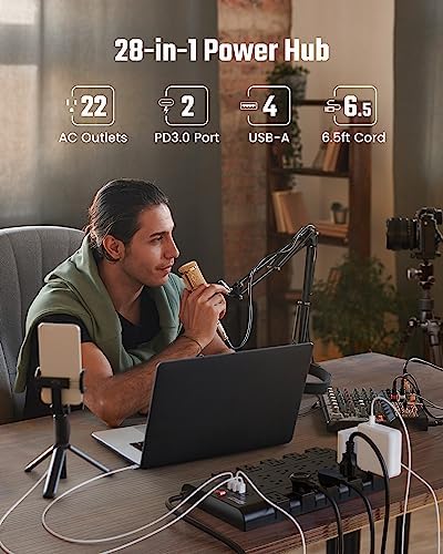 Power Strip Surge Protector by SUPERDANNY – 22 Outlets, 45 W Type-C Fast Charging with 4 USB-A & 2 USB-C Ports, 2100 Joules Protection, 15 A/1875 W Capacity, 6.5 Ft Flat Plug Extension Cord – Ideal for Home Streaming & Gaming Setup