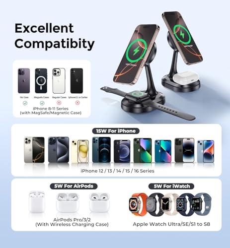 Revolutionary 3-in-1 Magnetic Wireless Charging Station for Apple Devices – 15 W Fast Mag-Safe Charger Stand for i Phone 16, 15, 14, 13, 12 Pro/Pro Max/Plus/Mini, Air Pods Pro/2/3, and i Watch Series – Ultimate Charging Efficiency with Enhanced Compatibility and Cooling Technology – Quick 0-100% Charge in 2 Hours – Secure Magnetic Hold with 22 N55 Magnets – Smart Chip Protection for Optimal Battery Health – Ideal for Apple Enthusiasts Seeking Simplicity and Convenience – Includes Type-C Quick Charge Cable and User Manual – Backed by 365-Day Warranty for Peace of Mind