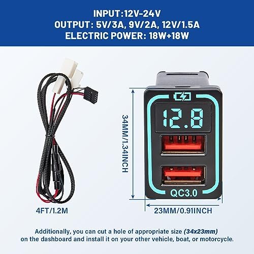 Anina QC3.0 Dual USB Car Charger for Toyota – 18 W High-Speed Charging with Digital Voltmeter, Flush Mount Design for Tundra, Corolla, and Highlander – Efficient Vehicle Dash Port Adapter for Seamless Integration and Maximum Convenience