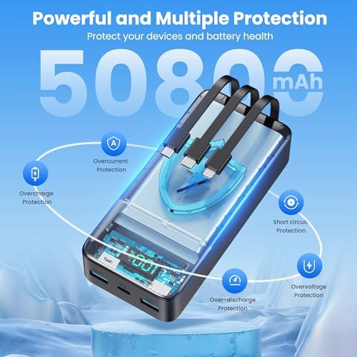 High-Capacity 40800 m Ah Portable Charger with Integrated Cables – Fast PD 25 W USB-C & QC4.0 Power Bank for i Phone 15/16 and Samsung – Smart LED Indicator, 5 Outputs for Multi-Device Charging – Ultimate Travel Companion for On-the-Go Power Solutions