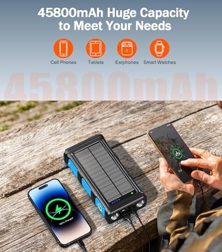 Ultimate 45800 m Ah Solar Wireless Power Bank with Hand Crank & Fast Charging – 7 Outputs, 4 Inputs, SOS Flashlight & Compass for Outdoor Adventures and Emergency Preparedness