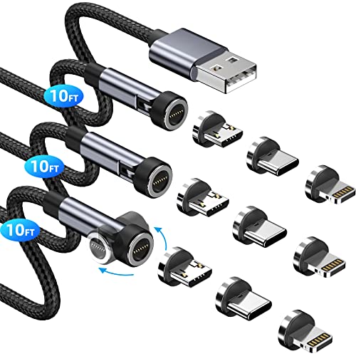 Revolutionize Your Charging Experience with the 540 Rotation Magnetic Charging Cable – 3 A Fast Charge 3-in-1 USB Cable (10 FT, 3-Pack) for i Phone, Micro USB & Type C Devices – Unmatched Flexibility and Durability for On-the-Go Power Solutions
