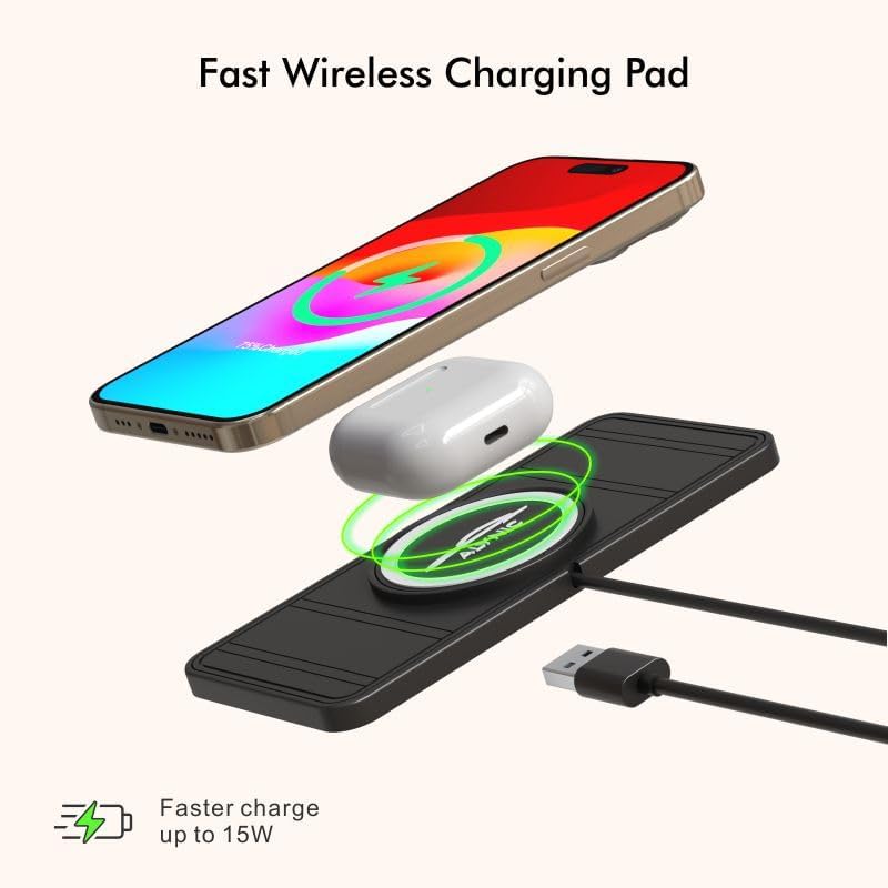 Effortless 15 W Wireless Car Charger Pad – Fast Charging for i Phone 16/15/14/13/12/11 & Samsung S24/S23/S22 – Non-Slip Design with Versatile Type C & A Port Adapter for Secure, Clutter-Free Travel Charging Solutions