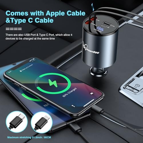 Ultimate 68 W 4-in-1 Retractable Car Charger – Rapid Dual USB Charging Adapter for i Phone 15/14/13/12 Pro Max, Samsung, Pixel & More – Tangle-Free Cables (31.5 inches) for On-the-Go Convenience and Enhanced Device Compatibility