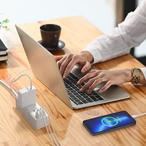Elevate Your Charging Game with the Clear Power 2-Outlet Power Strip – 6 ft Flat Plug Power Station Featuring 3 USB Ports (1 USB-C) for Rapid Device Charging, Ideal for Home, Office & Travel, Durable & Compact Design, White, Model DC3 S-1102-DC