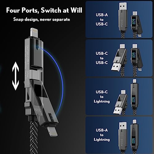 pzoz 4-in-1 USB C Fast Charging Cable with LED Status Display – Versatile Multi-Device Charger for i Phone 16/15/14 Pro Max, i Pad, Mac Book, Air Pods Pro, Samsung, and Google (60 W, 5 ft) – Streamlined Efficiency, Enhanced Durability, and Universal Compatibility for All Your Charging Needs