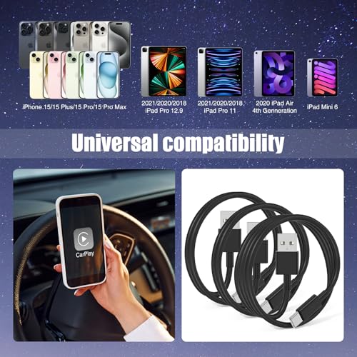 6 FT USB A to USB C Carplay Charging Cable – 3-Pack for i Phone 15/16, i Pad Pro/Air/Mini, Samsung Galaxy S25/S24/S23, and Mac Book – Fast Charging & High-Speed Data Transfer for Enhanced Compatibility on the Go