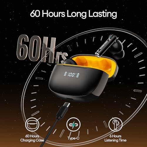 Next-Generation Bluetooth 5.3 Wireless Earbuds with 60-Hour Playback – Premium Active Noise Cancelling and Dual ENC Microphones for Superior Call Clarity – High-Performance 13 mm Drivers for Immersive Sound Experience – Sleek Black Aesthetic for Modern Lifestyle and Versatile Use