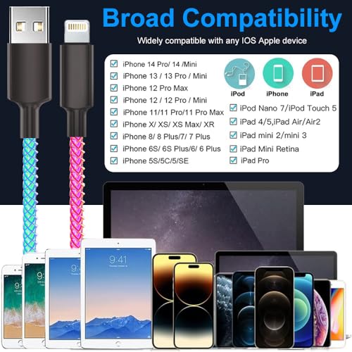 Vibrant RGB Light Up i Phone Charger – 3 ft MFi Certified Fast Charging Lightning Cable with Colorful Gradual LED Display for i Phone 14, 13, 12, 11 Pro, XS Max, XR, X, 8, 7, 6 Plus, SE & i Pad – Stylish Power Solution for Enhanced Compatibility and Quick Charging