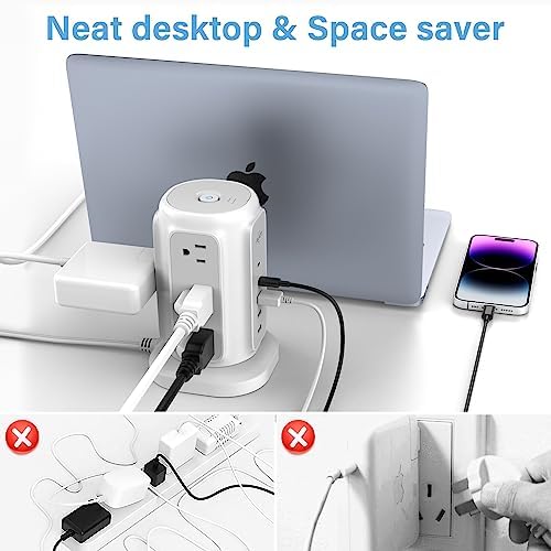 Maximize Your Power Potential with Ai Joy’s Space-Saving Flat Plug Power Strip Tower – 9 Outlets & 5 USB Ports (2 USB-C) for Rapid Charging, 1200 Joules Surge Protection, 6.5 Feet Extension Cord – Ideal for Home, Office, and Dorm Use – Durable, Efficient, and Compact Design for Uncluttered Charging Solutions