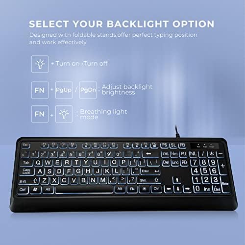 Illuminate Your Typing: Large Print Backlit USB Keyboard with Ergonomic Design for Enhanced Visibility – Perfect for Windows Desktops, Laptops & Gaming – Spill-Proof Full-Size Layout with White LED Backlighting for Optimal Comfort and Speed