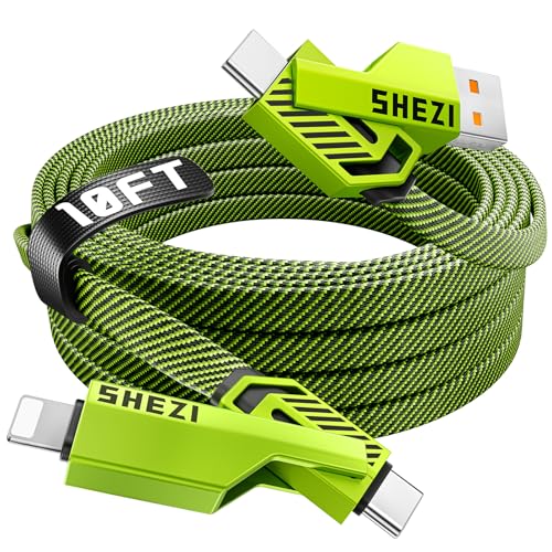 SHEZI 4-in-1 Fast Charging USB C Cable – 60 W Power Delivery with Lightning, USB C, and USB A Ports – 5 FT Durable Flat Nylon Braided Cord – Stylish Pink Design for i Phone, i Pad, and More – High-Speed 480 Mbps Data Transfer Solution for All Your Devices