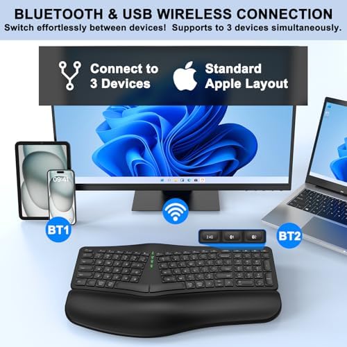 Maximize Comfort and Productivity with QUASIO’s Ergonomic Wireless Keyboard – Bluetooth & 2.4 G Multi-Device Connectivity with Cushioned Palm Rest for Windows, Mac & Android Users – Rechargeable, Quiet Typing, and Strain-Reducing Design for All-Day Use