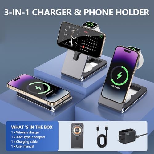 Ultimate 3-in-1 Foldable Charging Station for i Phone 16/15/14, Apple Watch Ultra, and Air Pods Pro 4 – Fast Wireless Charger with 30 W USB-C Adapter, Space-Saving Travel and Desktop Solution Compatible with Mag Safe, Streamline Your Charging Routine and Maximize Efficiency