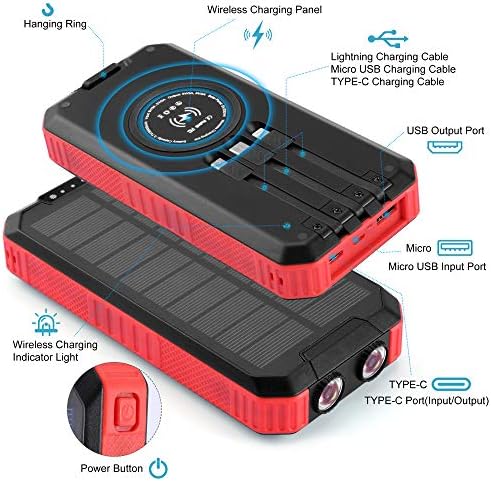 OIMYE 30000 m Ah Solar Power Bank – Advanced Wireless Fast Charging for i Phone, Android & Tablets, Ideal for Outdoor Adventures with 3 Versatile Cables & Built-in LED Flashlights, Durable & Weather-Resistant Design for Ultimate Portability and Reliability