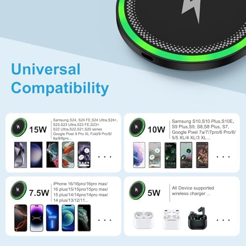 Samsung 15 W Fast Wireless Charging Pad – Universal Charger for Galaxy S25 Edge, Pixel 9, Moto Razr+/Edge 60 Pro – Sleek, Portable Design with Enhanced Compatibility & Safety Features for Effortless Charging Everywhere