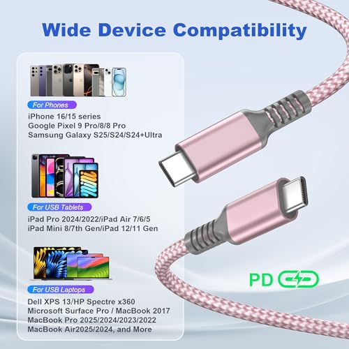 Basesailor 10 ft USB C to USB C Power Delivery Charging Cable – 100 W Fast Charger for i Phone 16/15 Pro Max, Mac Book, i Pad Air 4/5, Mini 6, and Samsung Galaxy S22/S23/S24/S25 – Durable 2 Pack for Enhanced Speed and Efficiency