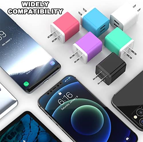 6 Pack Colorful Dual USB Wall Charger by i GENJUN – Fast Charging Cube Power Plug Adapter for i Phone, Samsung Galaxy, Google Pixel & Android Devices – Compact, Multi-Device Charging Solution with Built-In Safety Features – Enhance Your Charging Experience